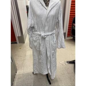 White Hooded Bathrobe Terry Cloth Cotton Unisex Spa Robe w/ Belt Pockets L/XL